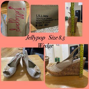 Jellypop Slingback Wedge Heels Tan Beige Khaki Natural Burlap Flower Heels